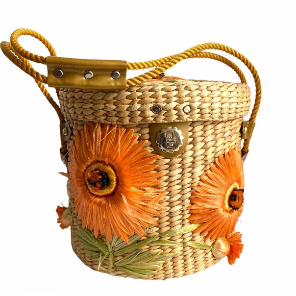 Vintage Handbags - Vintage Wicker Purse Woven Straw Bag Orange Floral